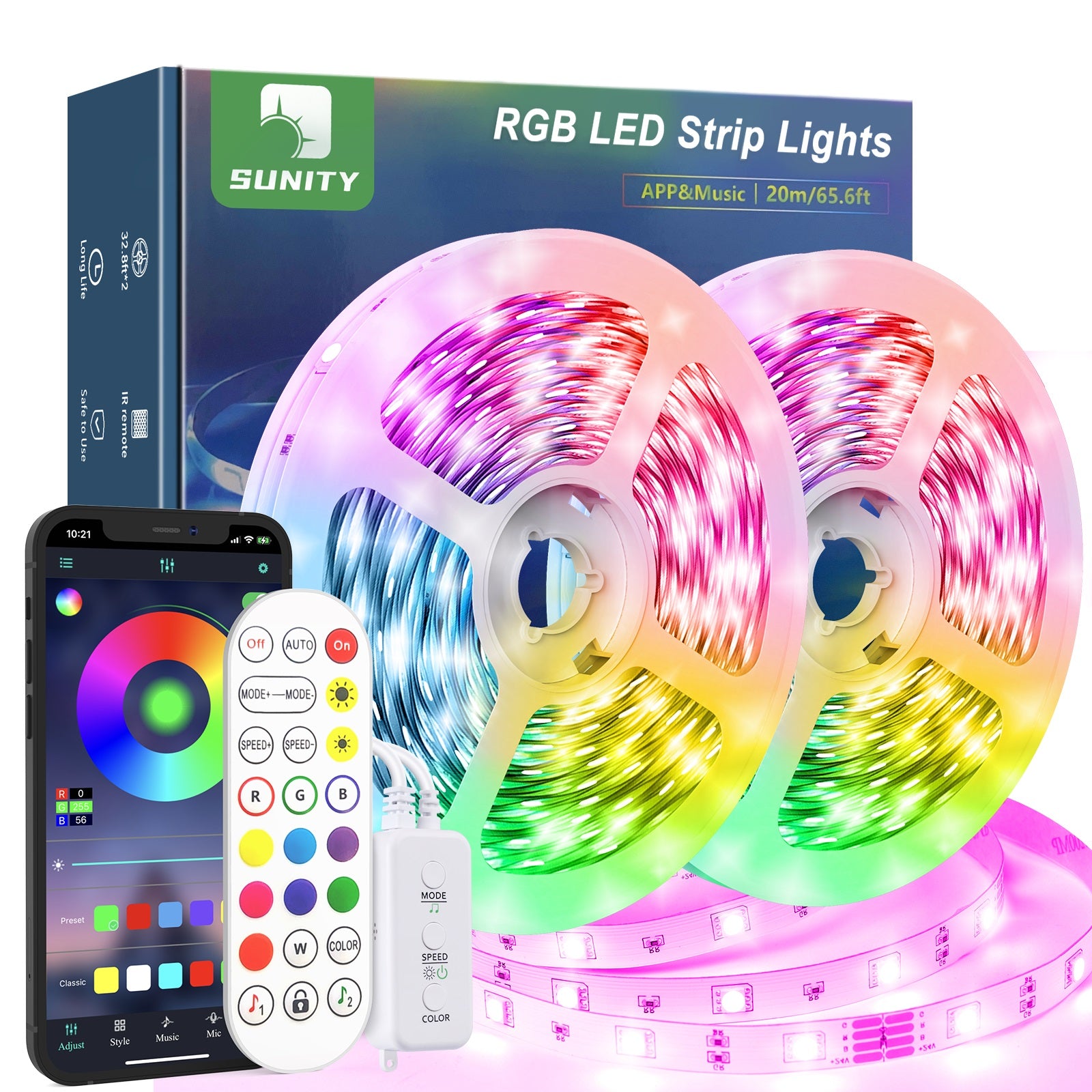 Sunity 20m RGB Led Lights Strip, 600 with Music Sync, APP Con Sunity-Lighting